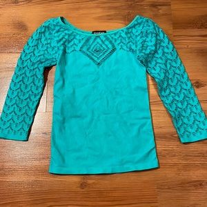 Bebe 3/4 Length Teal Blue Lace Detail Top Small